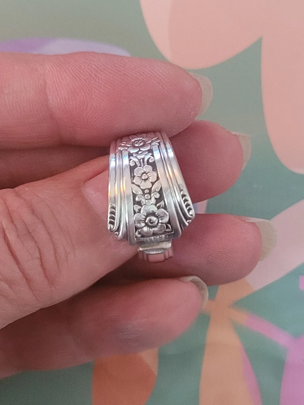 Sterling Silver Plated Floral Spoon Ring Size 8.5